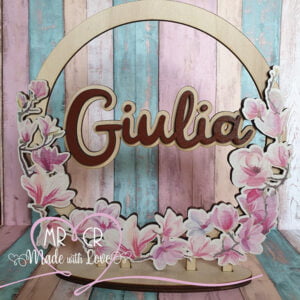 Tondo in legno con nome e personaggio da appoggio